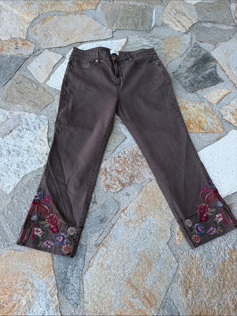 DRIFTWOOD Chocolate Brown Wide-Leg Jeans with Floral Embroidery